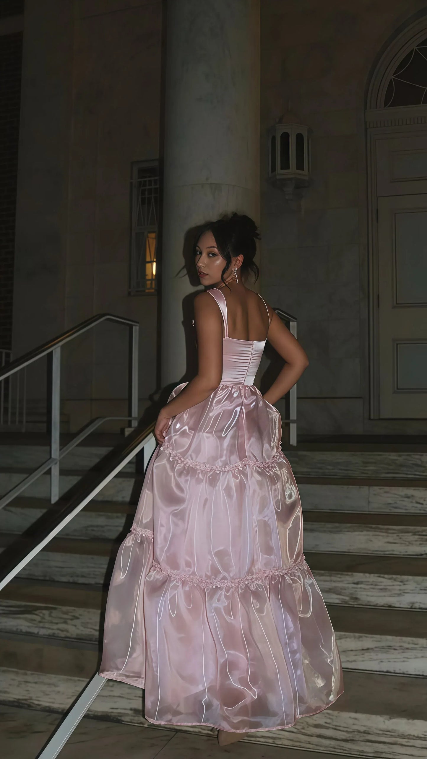 Elegant A-line Square-neck Wide-strap Tiered Pink Floor-length Prom Dress.
