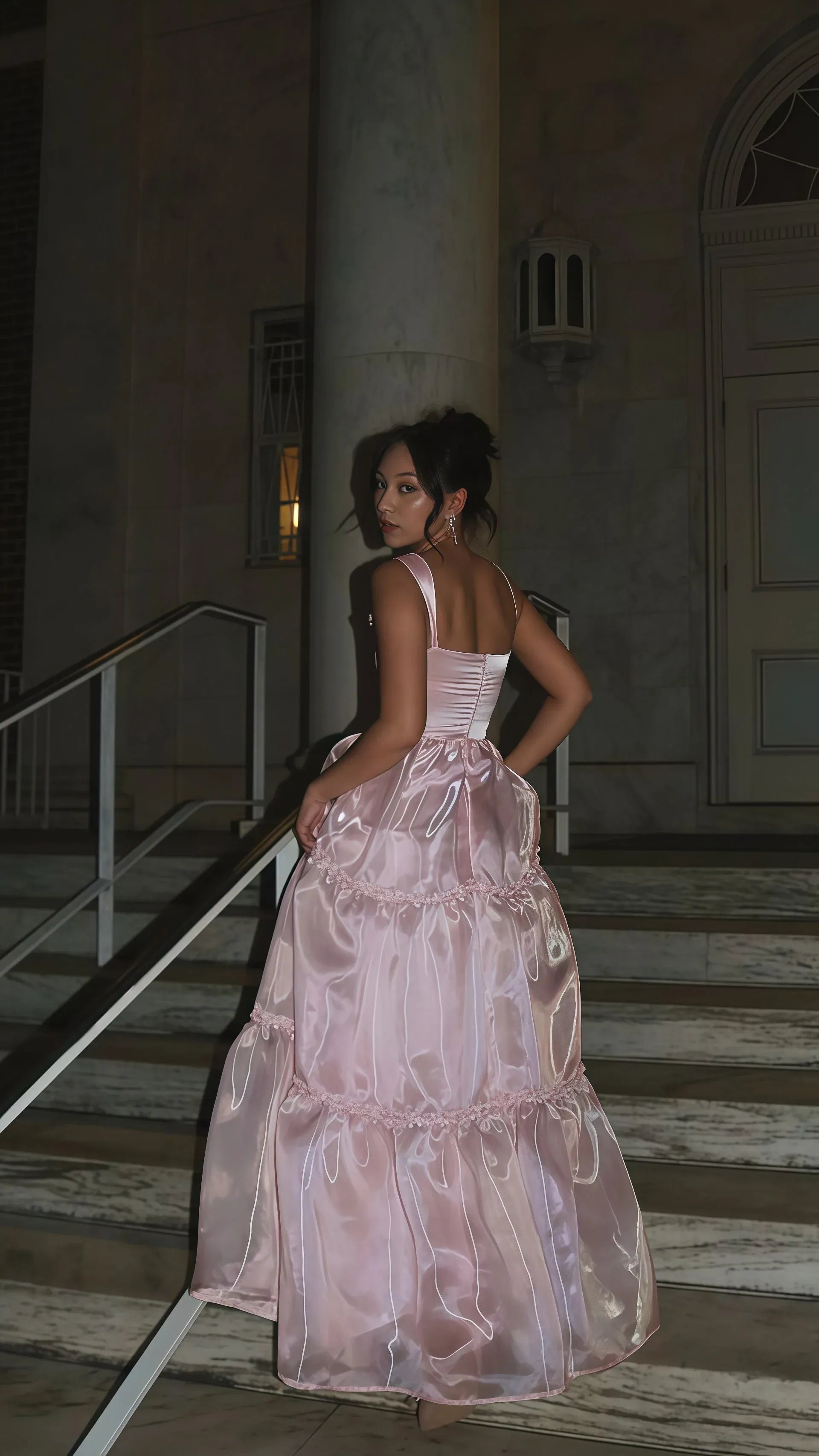 Elegant A-line Square-neck Wide-strap Tiered Pink Floor-length Prom Dress.