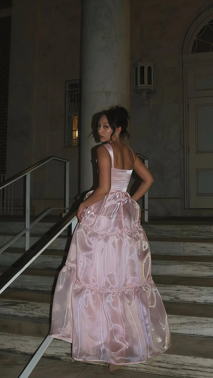 Elegant A-line Square-neck Wide-strap Tiered Pink Floor-length Prom Dress.