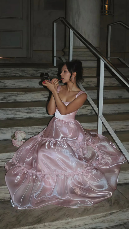 Elegant A-line Square-neck Wide-strap Tiered Pink Floor-length Prom Dress.