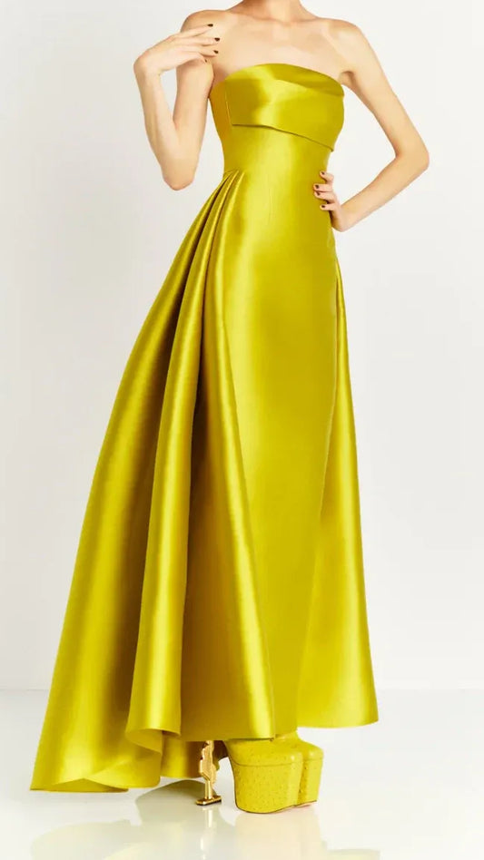 Elegant A-line Strapless High-Low Chartreuse Satin Prom Dress with Zipper Back.