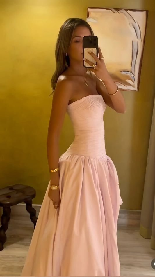 Elegant A-line Strapless Ruched Slit Blush Pink Floor-Length Prom Dress.