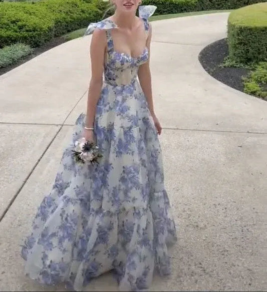 Elegant A-line Sweetheart Bow-strap Floral Lace-up Floor-length Blue Prom Dress.