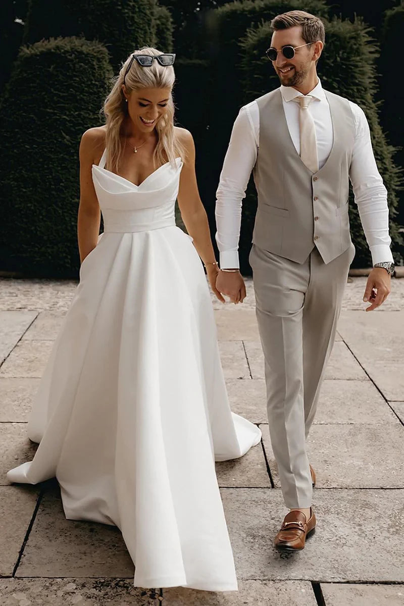 Elegant Ball-Gown Cowl-Neck Spaghetti-Strap Open-Back Train-Length Wedding Dress