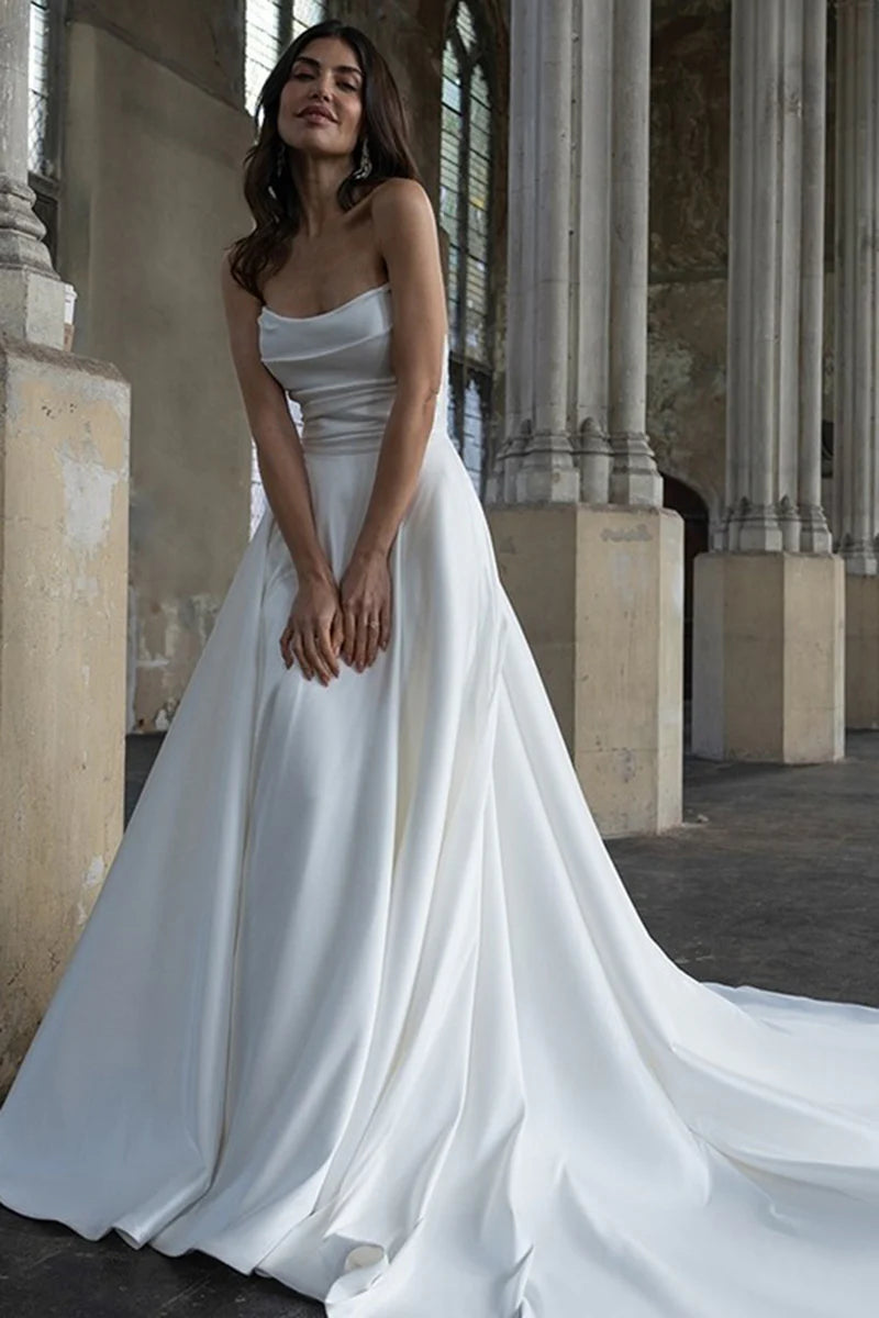 Elegant Ball-Gown Cowl-Neck Strapless Open-Back Train-Length Wedding Dress