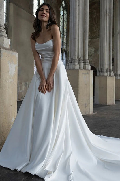 Elegant Ball-Gown Cowl-Neck Strapless Open-Back Train-Length Wedding Dress