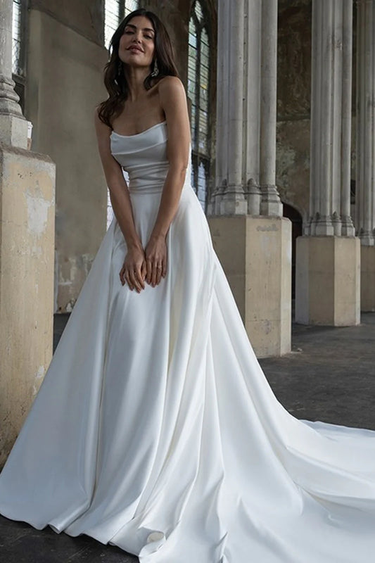 Elegant Ball-Gown Cowl-Neck Strapless Open-Back Train-Length Wedding Dress