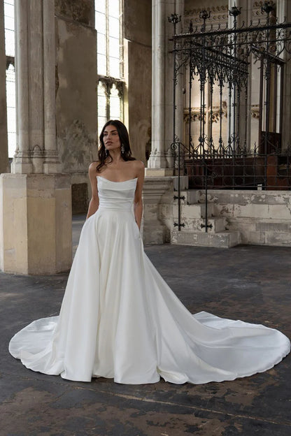 Elegant Ball-Gown Cowl-Neck Strapless Open-Back Train-Length Wedding Dress