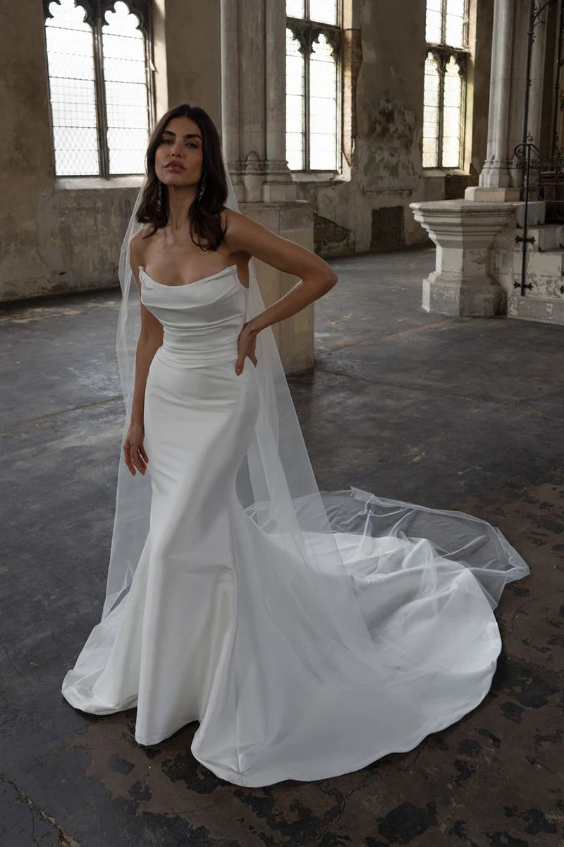 Elegant Ball-Gown Cowl-Neck Strapless Open-Back Train-Length Wedding Dress