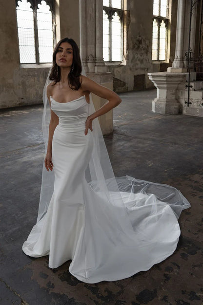Elegant Ball-Gown Cowl-Neck Strapless Open-Back Train-Length Wedding Dress