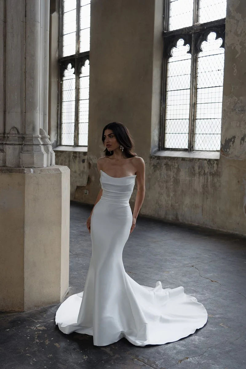 Elegant Ball-Gown Cowl-Neck Strapless Open-Back Train-Length Wedding Dress