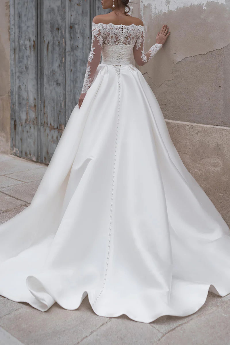 Elegant Ball-Gown Off-the-Shoulder Long-Sleeve Lace-Up Court Train Wedding Dress