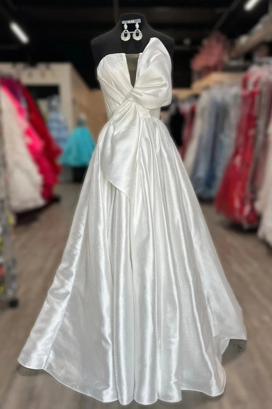 Elegant Ball Gown Strapless Sleeveless Open Back Sweep Train White Satin Evening Dresses