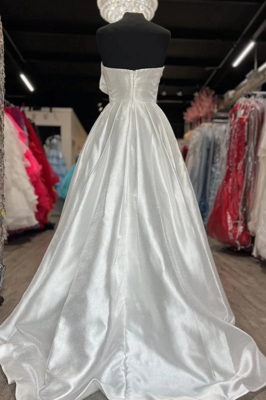 Elegant Ball Gown Strapless Sleeveless Open Back Sweep Train White Satin Evening Dresses