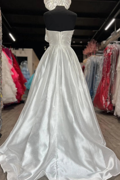 Elegant Ball Gown Strapless Sleeveless Open Back Sweep Train White Satin Evening Dresses