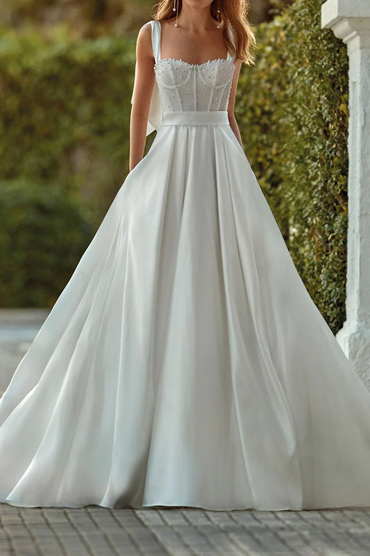 Elegant Ball-Gown Sweetheart Bow-Strap Open-Back Train-Length Wedding Dress