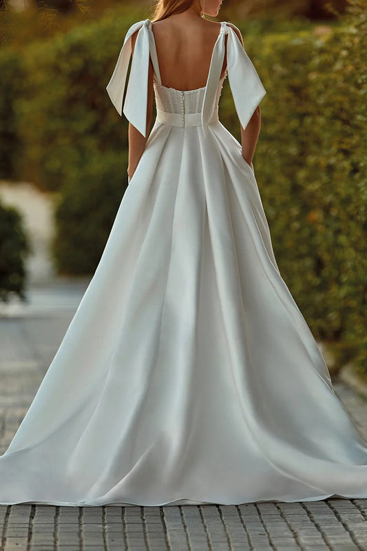 Elegant Ball-Gown Sweetheart Bow-Strap Open-Back Train-Length Wedding Dress