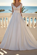 Elegant Ball-Gown V-Neck Elbow-Sleeve Open-Back Train-Length Wedding Dress