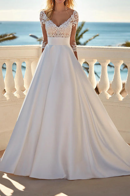 Elegant Ball-Gown V-Neck Elbow-Sleeve Open-Back Train-Length Wedding Dress