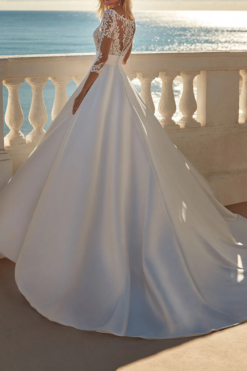 Elegant Ball-Gown V-Neck Elbow-Sleeve Open-Back Train-Length Wedding Dress