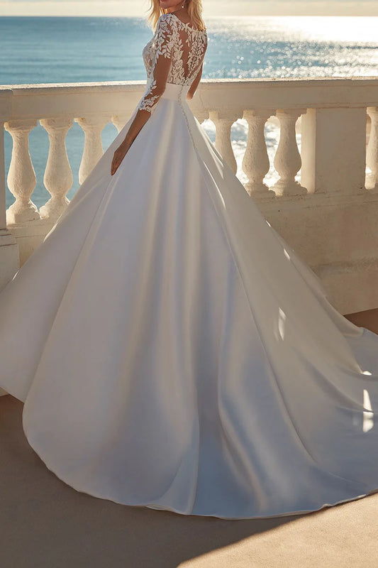 Elegant Ball-Gown V-Neck Elbow-Sleeve Open-Back Train-Length Wedding Dress
