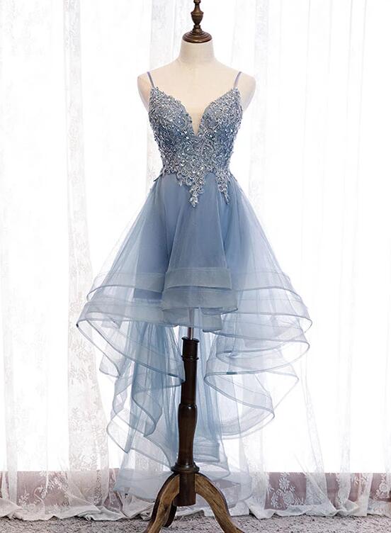 Elegant Blue High Low Tulle V-Neck Straps Party Homecoming Dress with Lace.