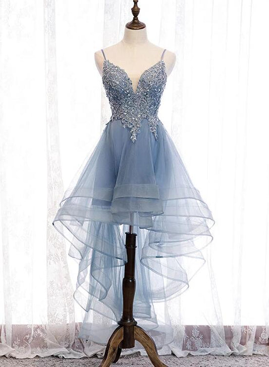 Elegant Blue High Low Tulle V-Neck Straps Party Homecoming Dress with Lace.