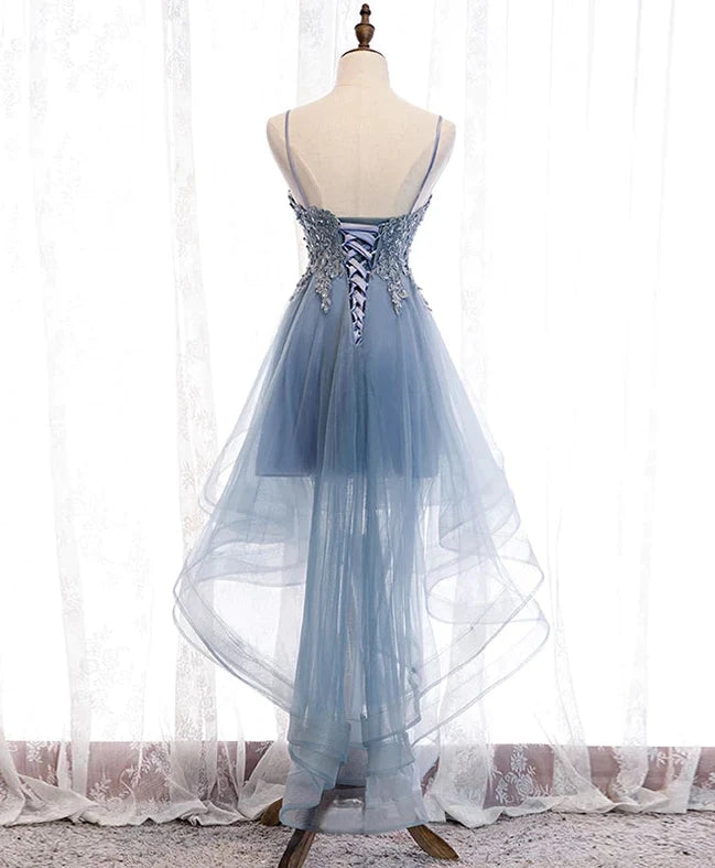 Elegant Blue High Low Tulle V-Neck Straps Party Homecoming Dress with Lace.