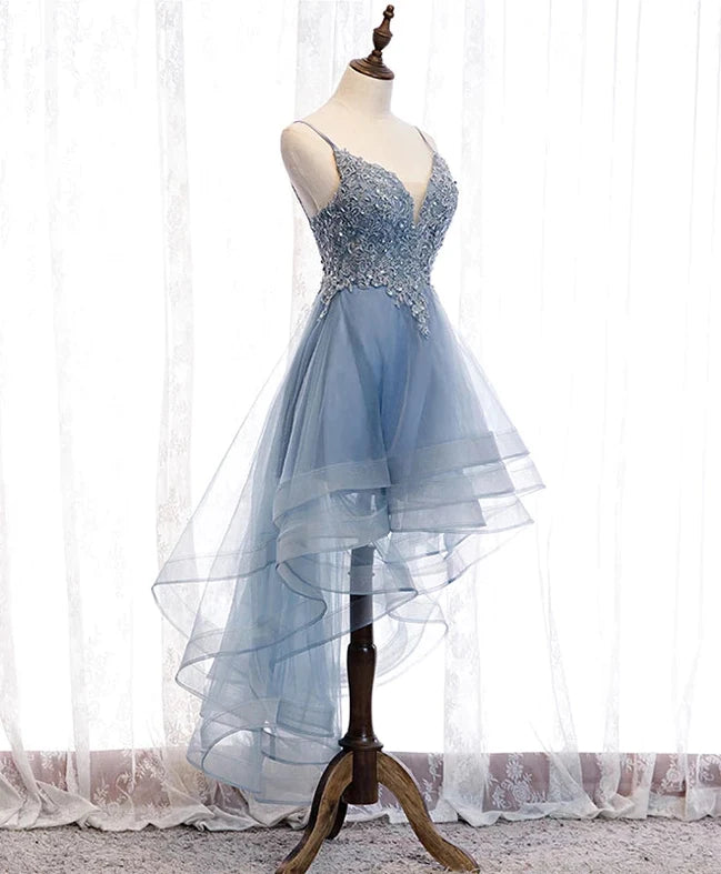 Elegant Blue High Low Tulle V-Neck Straps Party Homecoming Dress with Lace.