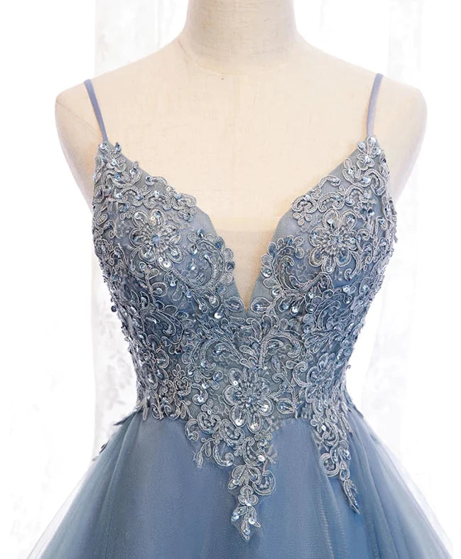 Elegant Blue High Low Tulle V-Neck Straps Party Homecoming Dress with Lace.
