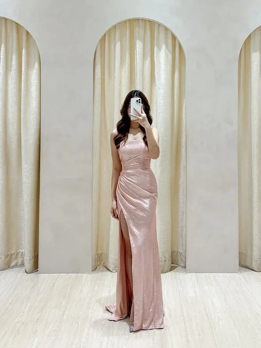 Elegant Blush Pink Mermaid Strapless Slit Ruched Floor-Length Prom Dress.