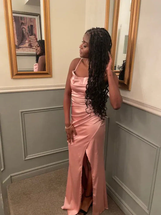 Elegant Blush Pink Satin Mermaid Cowl-Neck Spaghetti-Strap Slit Floor-Length Prom Dress.
