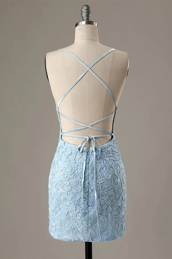 Elegant Bodycon Round Neck Backless Party Blue Mini Homecoming Dress.