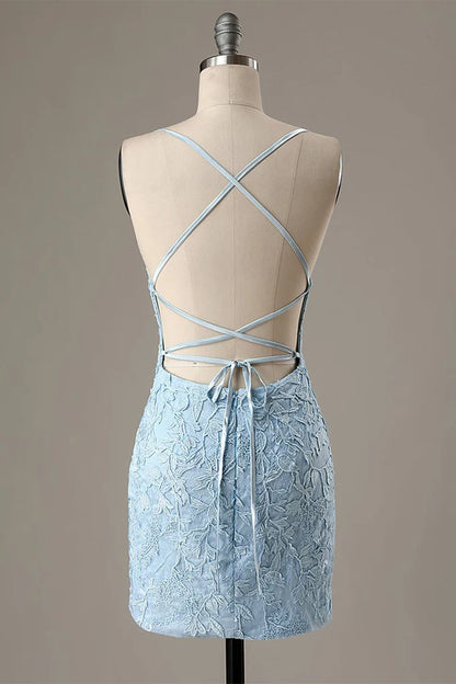Elegant Bodycon Round Neck Backless Party Blue Mini Homecoming Dress.