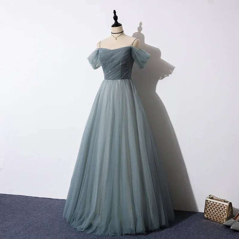 Elegant Dusty Blue Off-Shoulder Beaded Lace-Up Tulle A-Line Prom Gown.