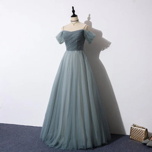 Elegant Dusty Blue Off-Shoulder Beaded Lace-Up Tulle A-Line Prom Gown.