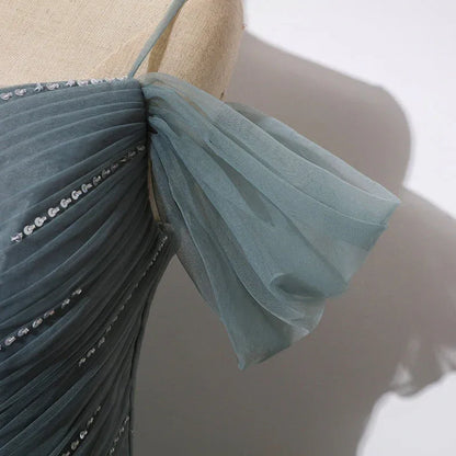 Elegant Dusty Blue Off-Shoulder Beaded Lace-Up Tulle A-Line Prom Gown.