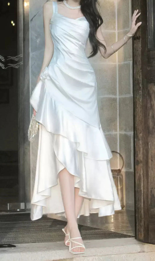Elegant Fit-and-Flare Square Neck Ruched Ruffle White Satin Midi Prom Dress.