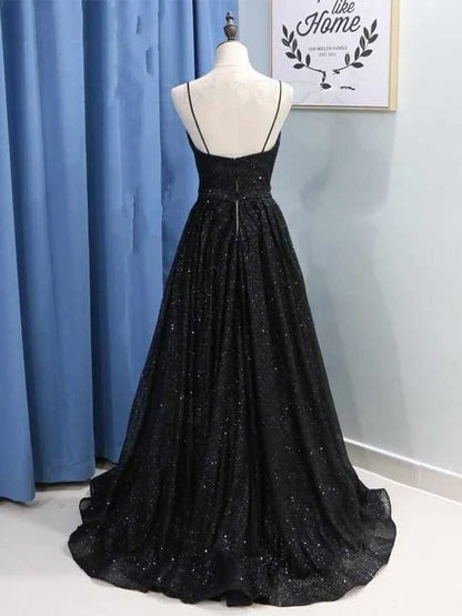 Elegant Glittering A-Line V-Neck Sequined Slit Floor Length Prom Gown.