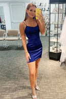 Elegant Halter Neck Satin Royal Blue Short A-Line Homecoming Dress for Teens.