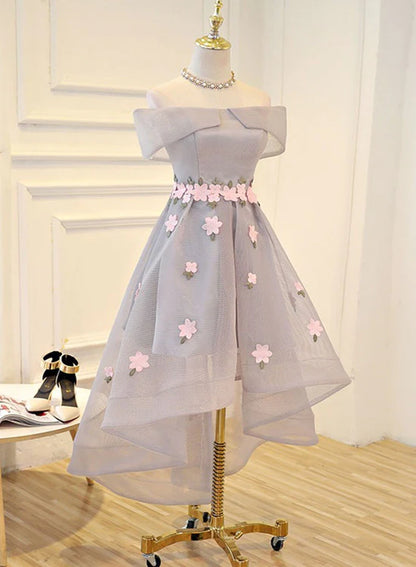 Elegant High-Low Round Neck Tulle Floral Light Grey Party Homecoming Dress.