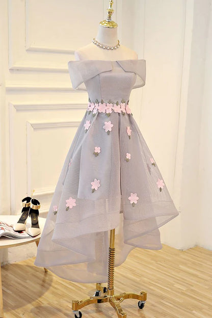 Elegant High-Low Round Neck Tulle Floral Light Grey Party Homecoming Dress.