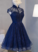 Elegant Lace Round Neck Party Homecoming Dress Navy Blue Knee Length.