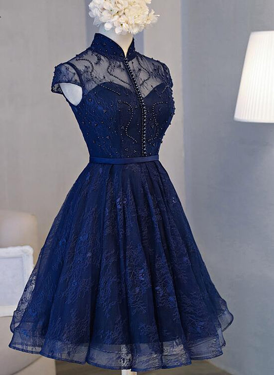 Elegant Lace Round Neck Party Homecoming Dress Navy Blue Knee Length.