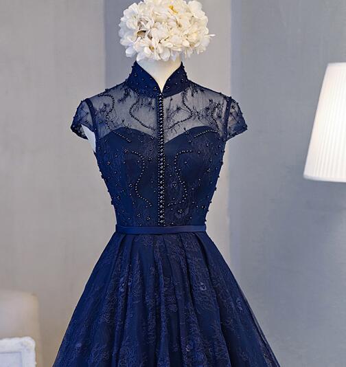 Elegant Lace Round Neck Party Homecoming Dress Navy Blue Knee Length.