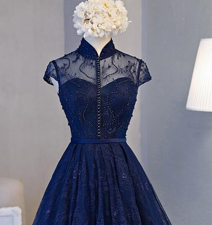 Elegant Lace Round Neck Party Homecoming Dress Navy Blue Knee Length.