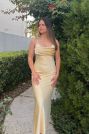 Elegant Mermaid Cowl Neck Spaghetti Straps Cutout Back Ankle-Length Champagne Satin Evening Dresses