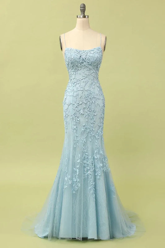 Elegant Mermaid Floral Lace Light Blue Prom Dress with Lace-Up Back.