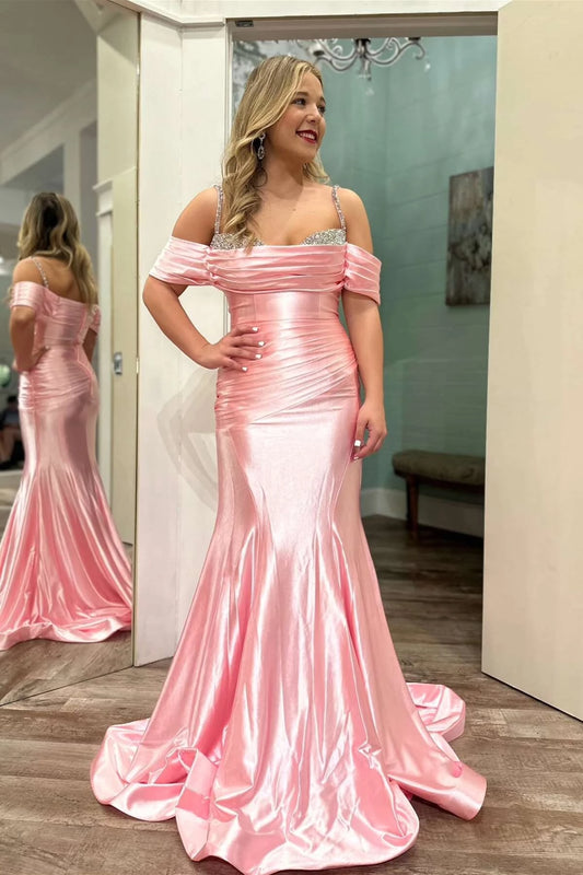 Elegant Mermaid Off-Shoulder Cold-Shoulder Beaded Ruched Train Evening Dress