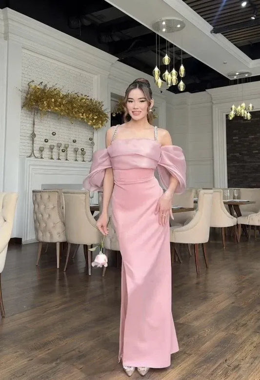 Elegant Mermaid Off-Shoulder Puff-Sleeve Slit Blush Pink Floor-Length Prom Dress.